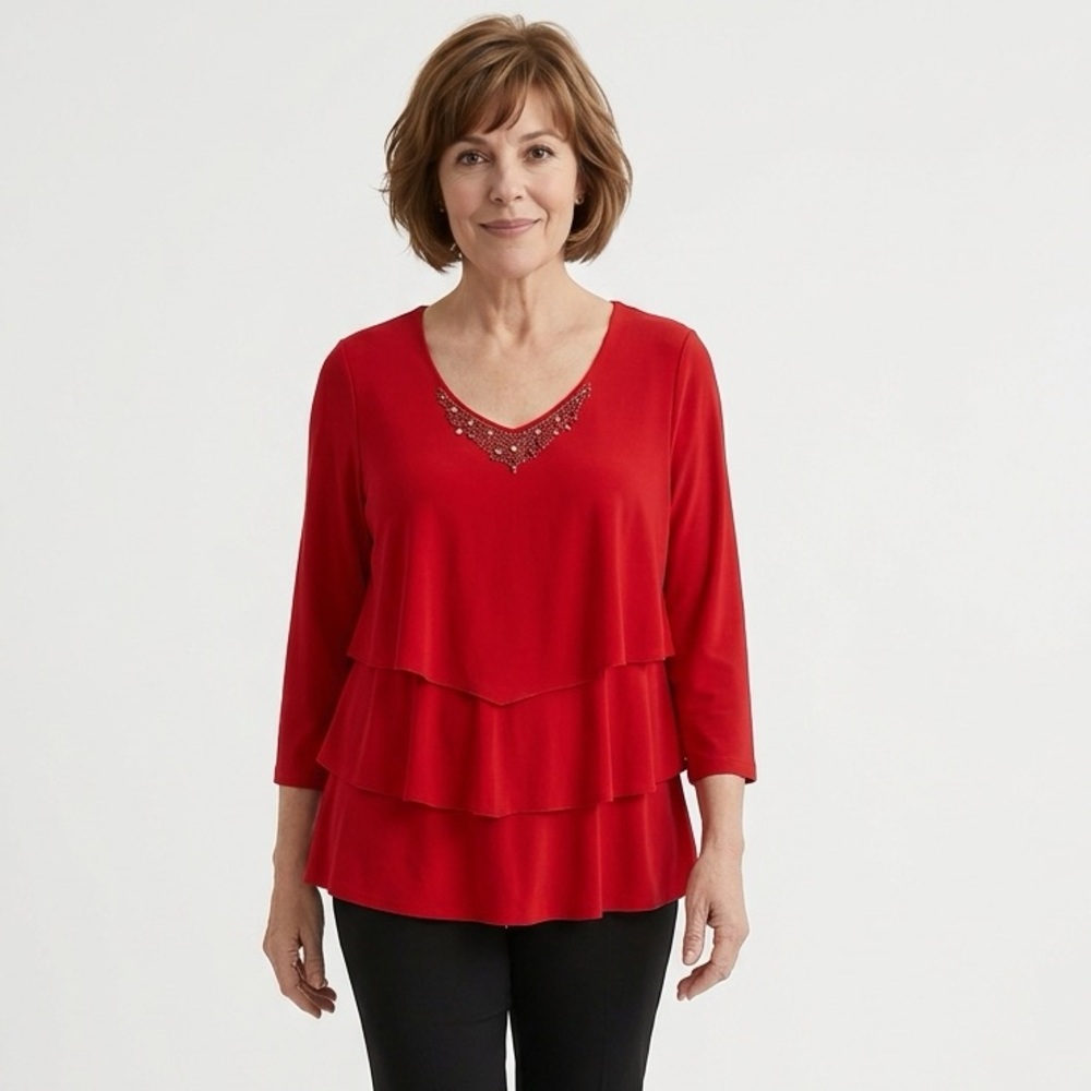 Susan Graver Womens Large Pullover Blouse Top Red Embellished Neck Layered Look